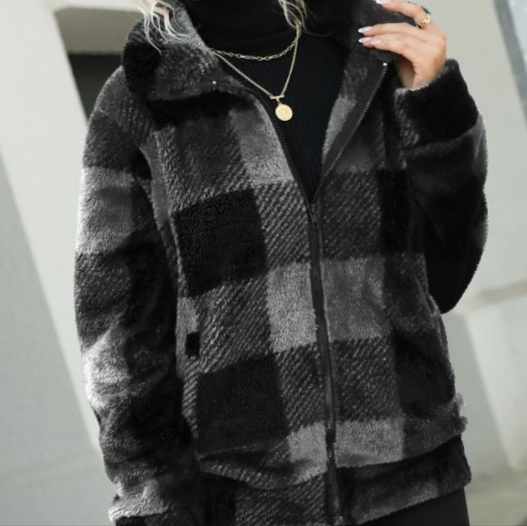 Charcoal Plaid Collared Jacket - Picture 4 of 6